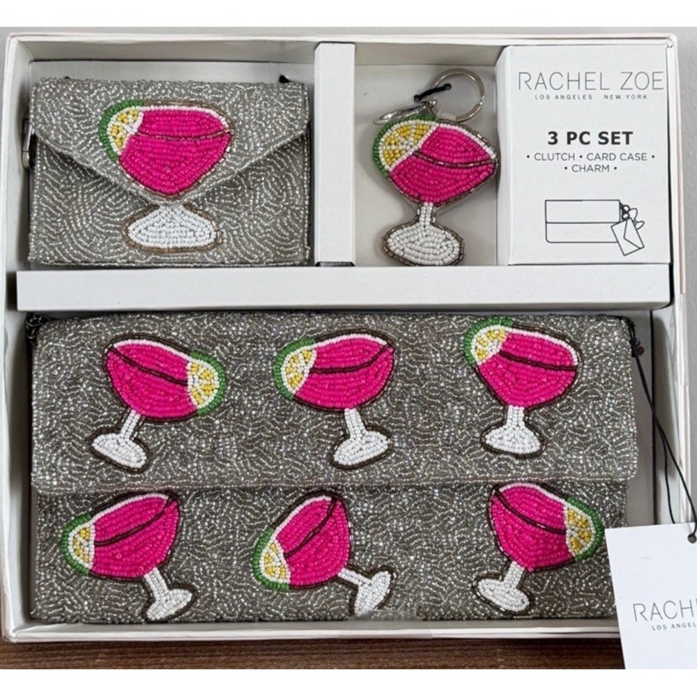NWT $98 Rachel‎ Zoe 3 Pc Set Beaded Pink Margarita Clutch, Card Case, Charm